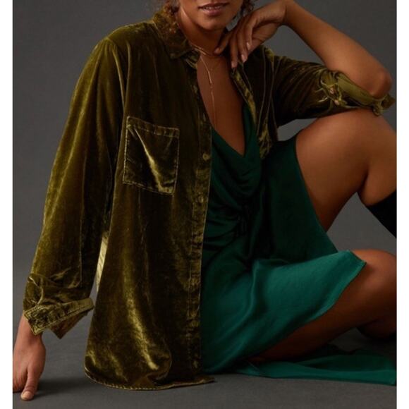 Pilcro Anthropologie Relaxed Velvet Green Mustard Buttondown Shirt Sz M - Picture 1 of 13